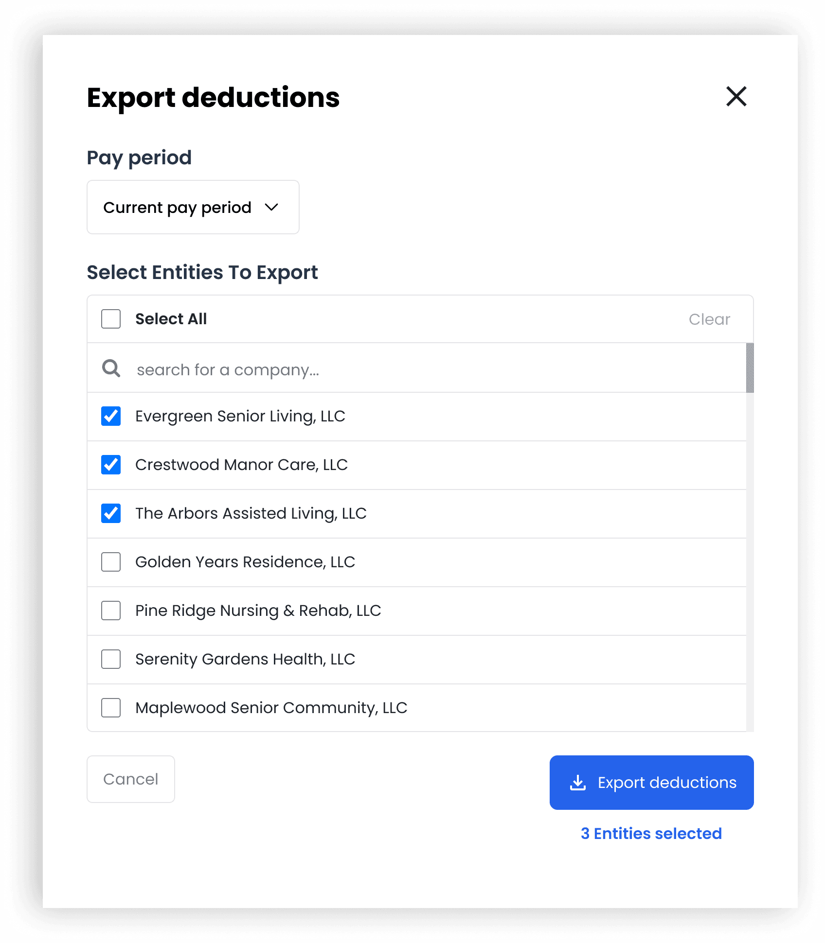 Entities selected for export