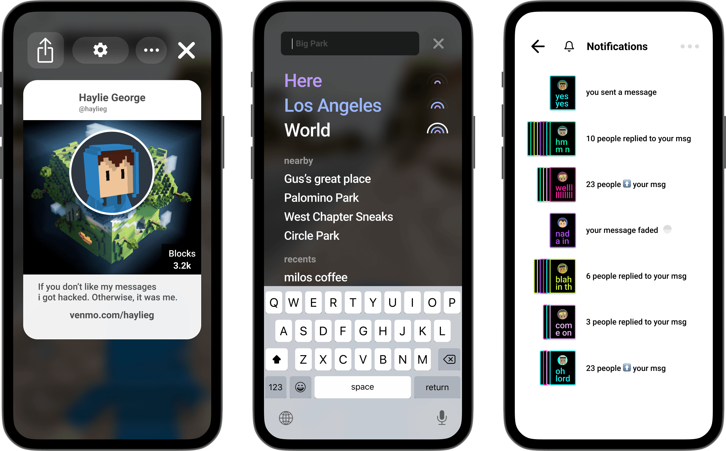 Profile, location search, and notifications